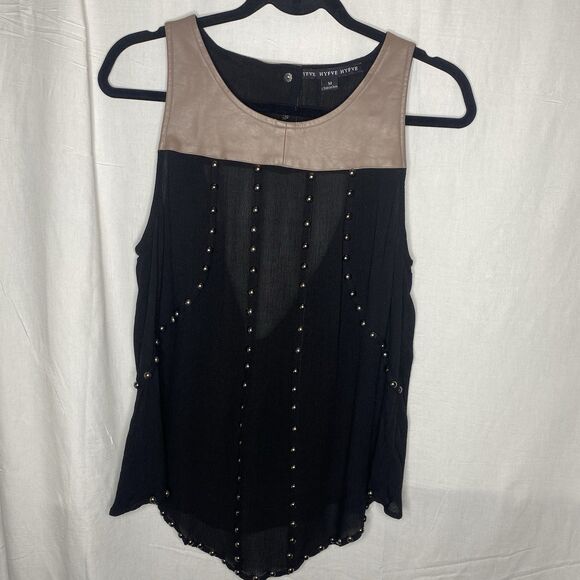 HYFVE Blouse Sleeveless Faux Leather Sheer Studded Open Back Womens M Black Tan - Picture 1 of 12